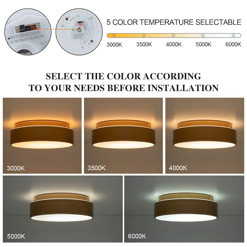 Dimmable LED Flush Mount Ceiling Light with 5-Color Temperature Selectable - 11.4 in W × 3.7 in H