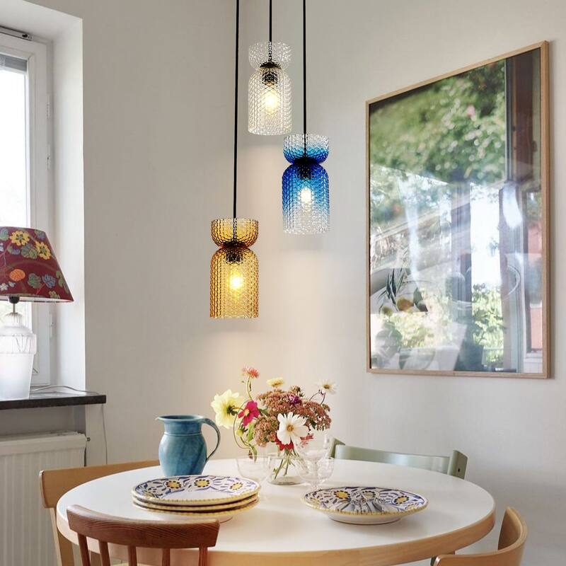 1/3-Light Modern Glam Bell-Shaped Adjustable Island Pendant Light with Clear/Blue/Amber Textured Glass