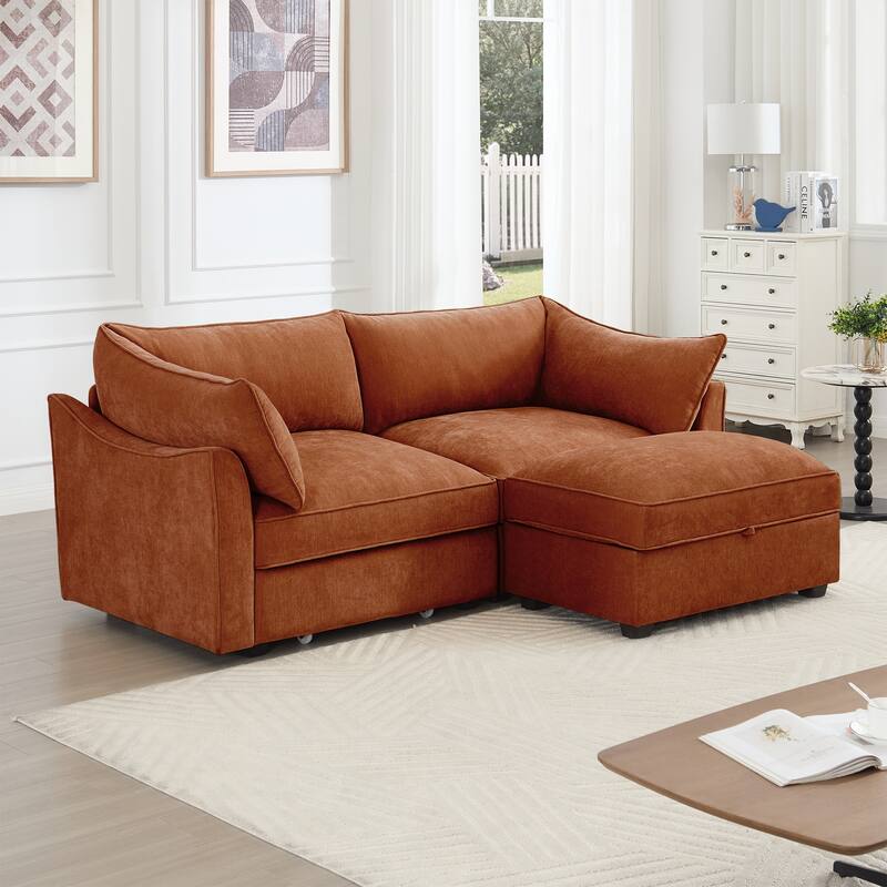 2-Seater Loveseat with 1 Movable Ottoman & Pull out Storage Drawer Under Seat
