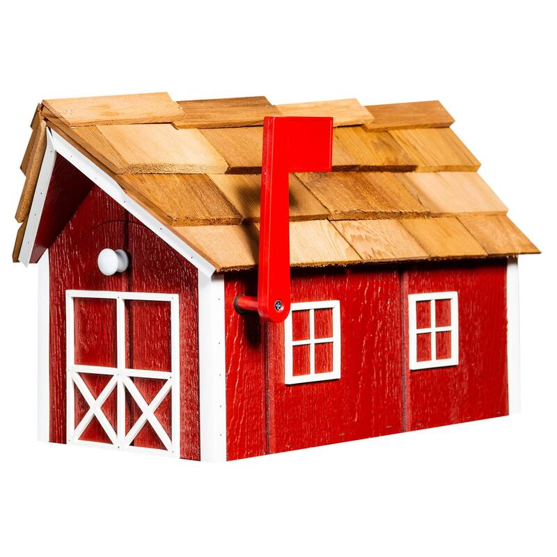 Standard Wood Mailbox with Cedar Shake Roof - Cardinal Red and White