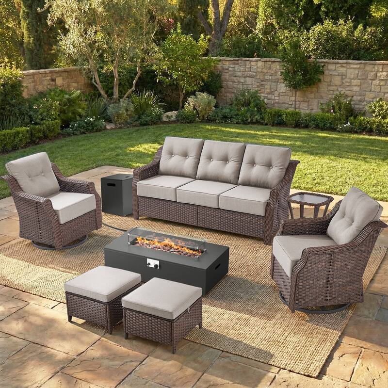 Pocassy 5/7PCS Sofa Swivel Chair Ottoman with Fire Pit Table - Brown Wicker Beige Cushion - 7-Piece Sofa Swivel Chair Ottoman with Fire Table