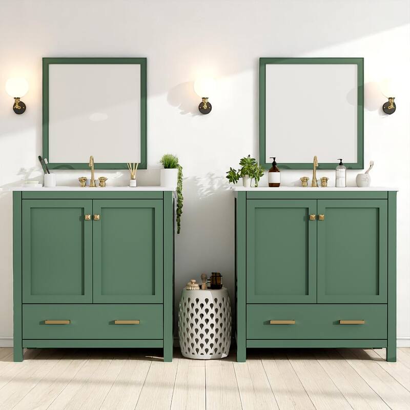 60 Inch Bathroom Vanity with Double Ceramic Sinks, Freestanding Cabinet with Ample Storage and Soft Closing Doors - Green