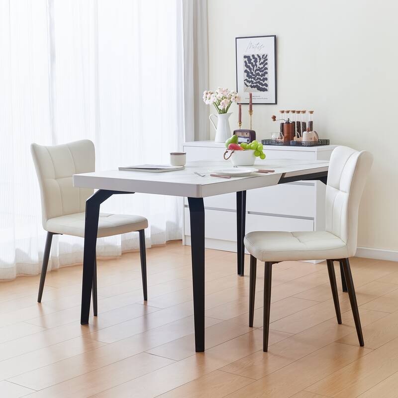 Set Of 2 High-Back Dining Chairs With Ergonomic Design: Wrought Iron Frame, Leather Seat, And High-Rebound Sponge Cushions - Black+White