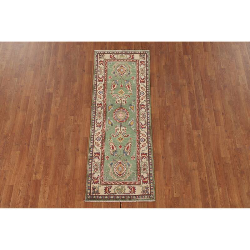 Floral Kazak Runner Rug Handmade Green Wool Carpet - 2'2" x 5'11"