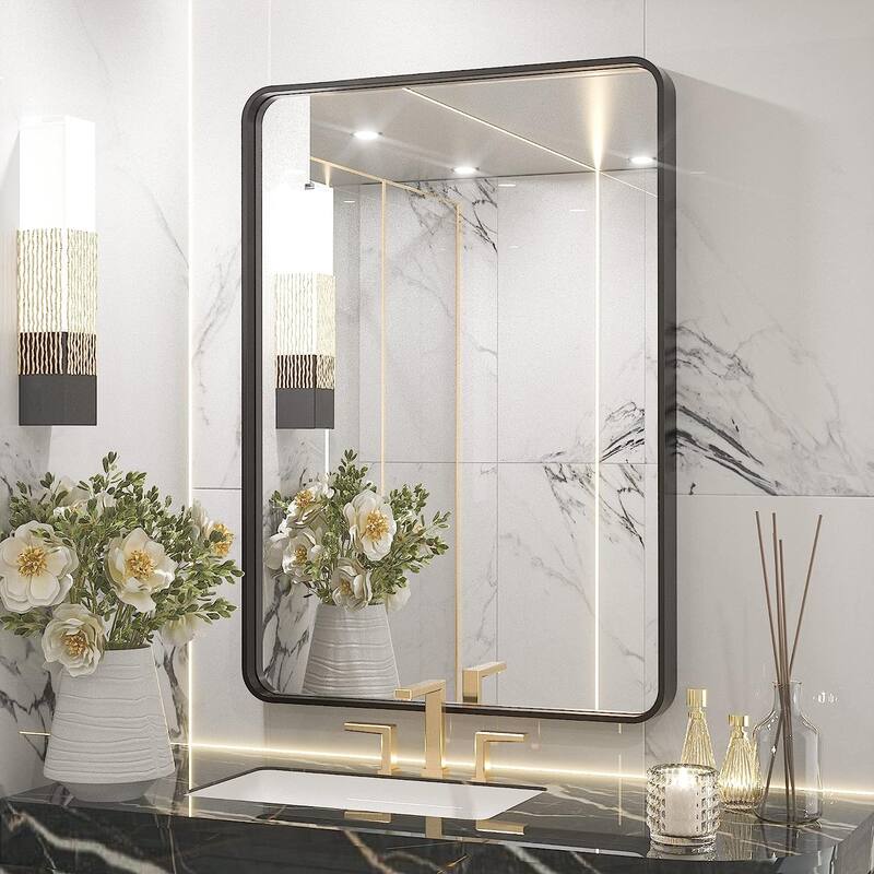 TETOTE Modern Metal Frame Wall Mounted Bathroom Vanity Mirror - 16x24 - Black