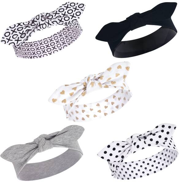 slide 1 of 1, Hudson Baby Infant Girl Cotton Headbands 5pk, Black Gold Heart, 0-24 Months - Black Gold Heart Black Gold Heart - 0-24 Months