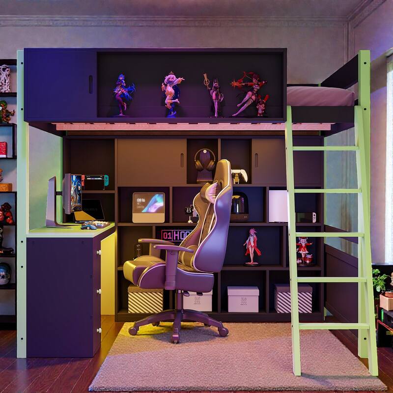 Full Size Gaming Loft Bed with Desk, LED Light, Storage Shelves and Drawers, Wood Loft Bed Frame for Teens Kids - Green - Full