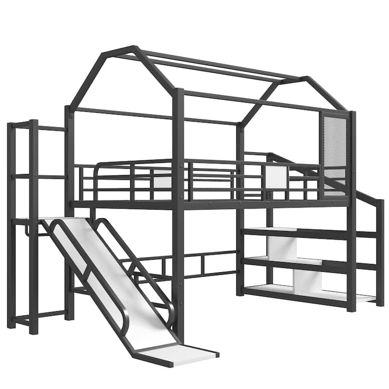 Fun Play House-shaped Loft Bed Metal Bed Frame with Grid and Shelves