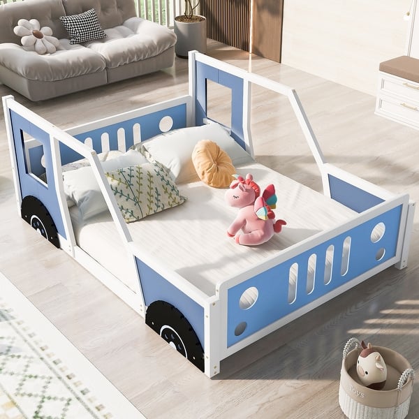 slide 2 of 24, Full Size Classic Car-Shaped Platform Kids Bed with Fun Wheels, Sturdy Pine Wood Frame, Easy Assembly for Kids' Rooms, Blue Blue