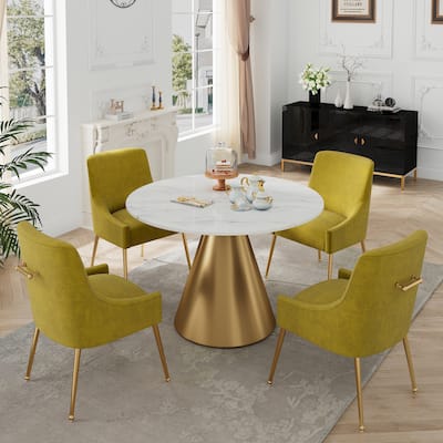 Clihome 5 Piece Marble Table Velvet Chair Dining Set