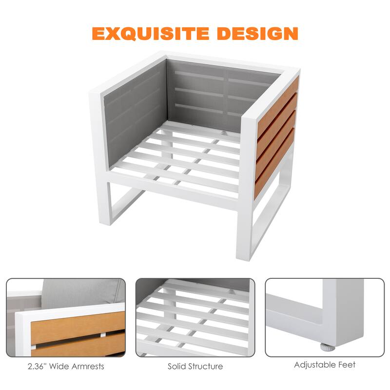 Outdoor Armchair with Cushion and Pillow, All-aluminum, Imitation Wood