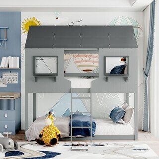 Twin Over Twin Wood House Bunk Bed with 2 Windows, Pitched Roof ...