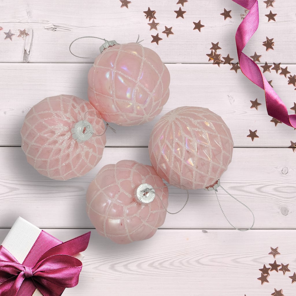 Glittered Geometric Iridescent Glass Ball Christmas Ornaments - 3" (80mm) - Pink - 4ct