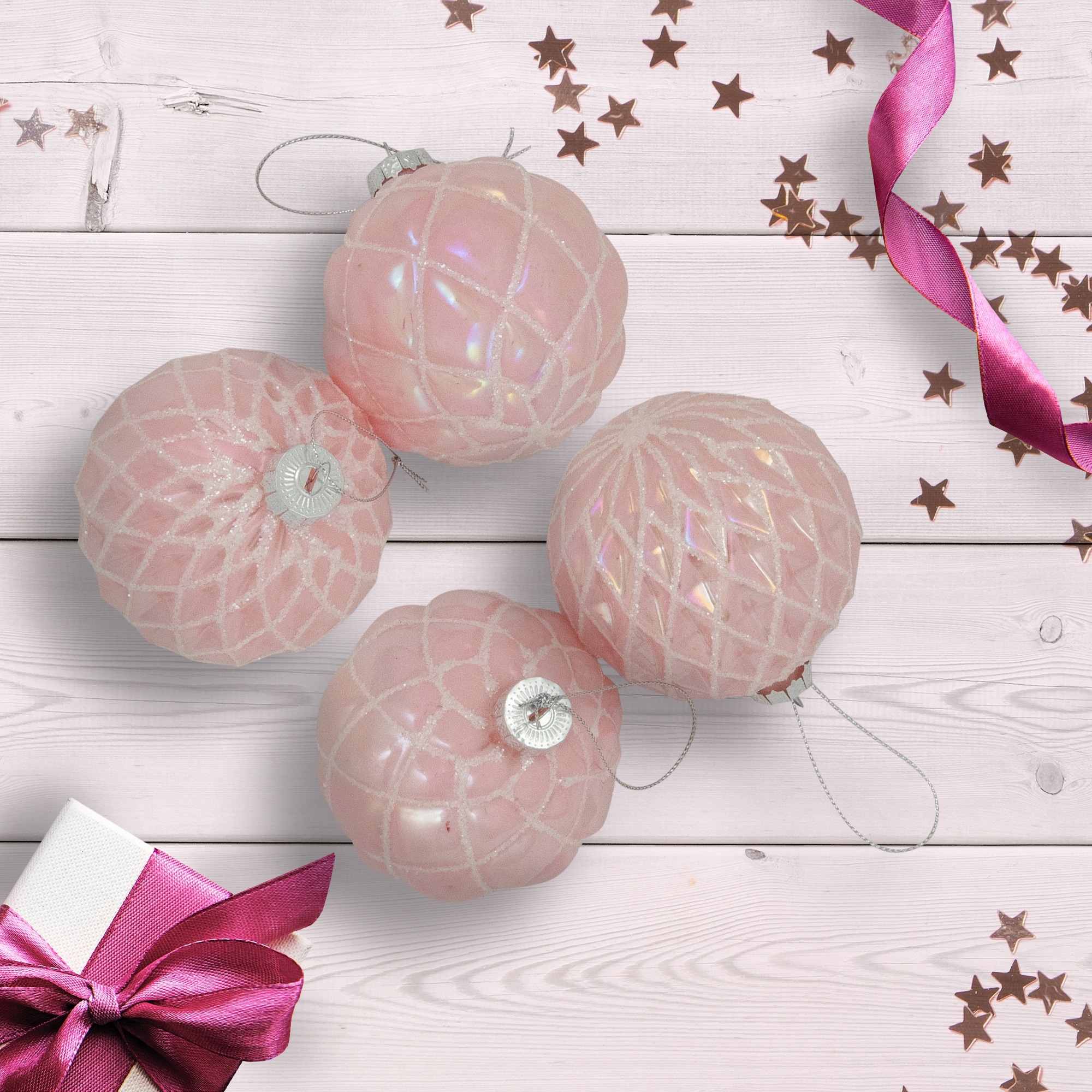 Glitter Geometric Iridescent Glass Ball Ornaments 3" (80mm) Pink 4ct