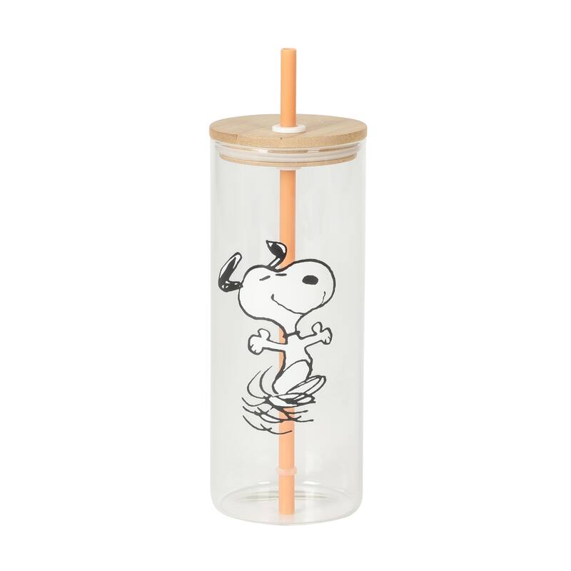 Peanuts Snoopy Happy Sips 4 Piece 23 OZ Tumbler Set with 4 Bamboo Lids and 4 Straws Set, Iced Coffe, Smoothie, Water Cup