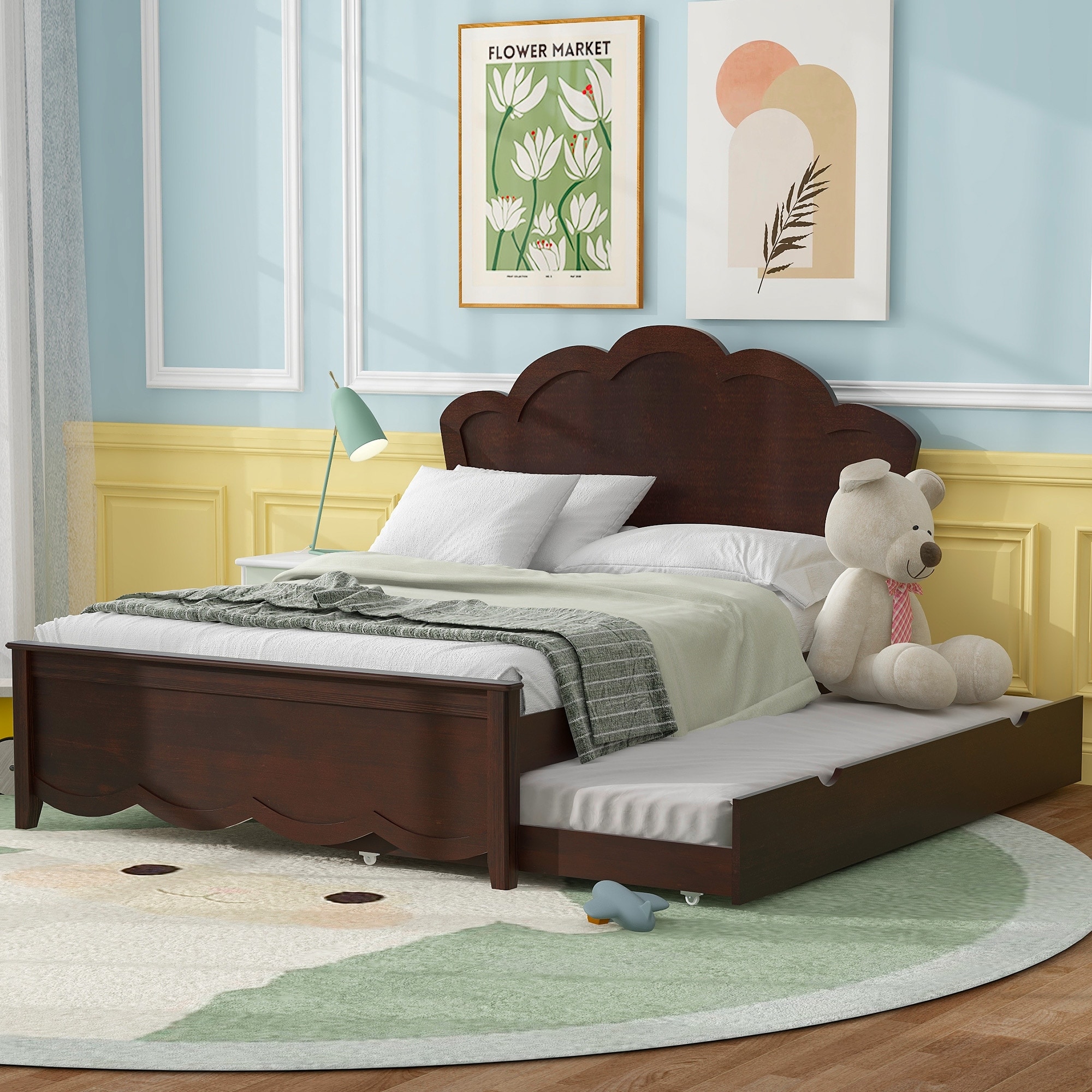 Modern Wood Platform Bed with Headboard and Twin Size Trundle for Bedroom