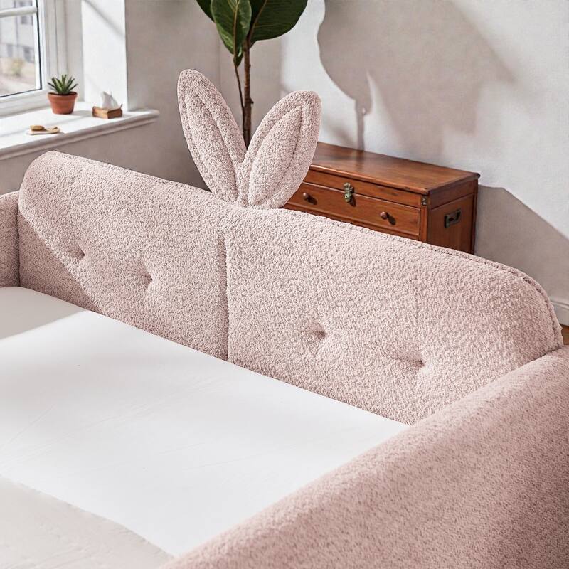 Full Size Upholstered Platform Bed with Rabbit Ear Headboard, Boucle Fabric Kids Bed with Safety Rail and Pocket