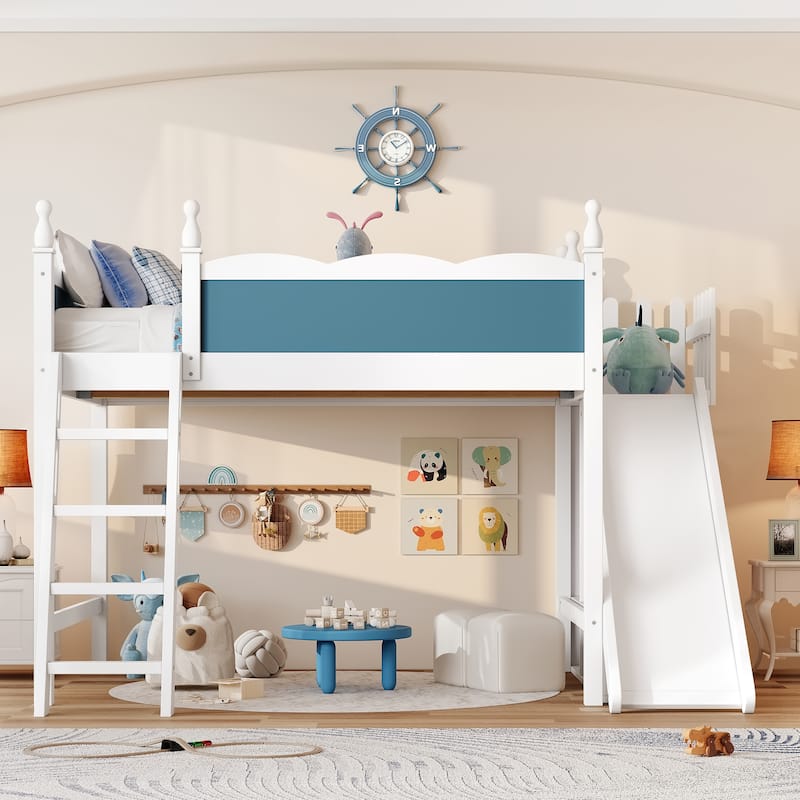 Full Loft Bed with Storage Shelves and Wardrobe, Solid Wood Loft Beds with Detachable Slide and Ladders, No Spring Box Needed