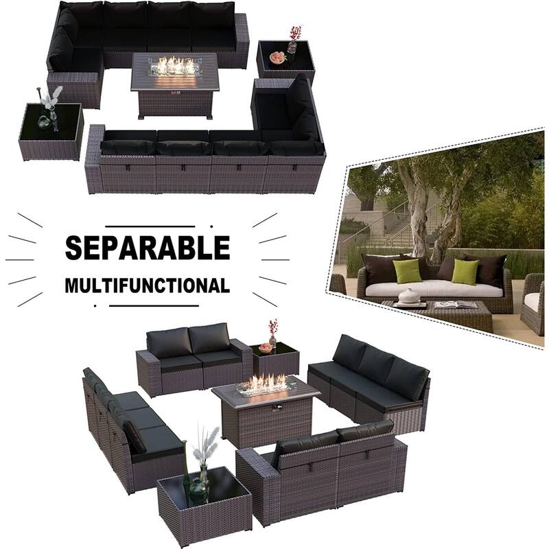Delnavik 13 Pieces Outdoor Patio Furniture Set with Fire Pit Table w/ Wide Armrests