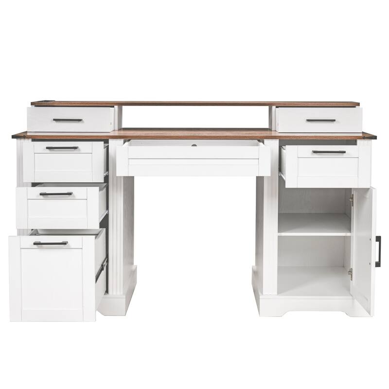 59" Farmhouse Office Desk with Charging Station, Barn Door, File Drawer & Monitor Stand