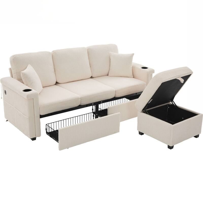 L-Shaped Sectional Sofa with Pull-Out Storage,Ottoman & Pillows 3-Seat with USB Charging,Cup Holder, Convertible Design