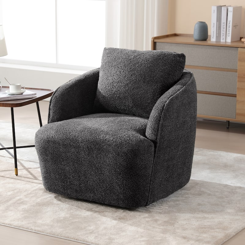 Boucle Fabric Upholstered Swivel Barrel Armchair With Pillow - Charcoal