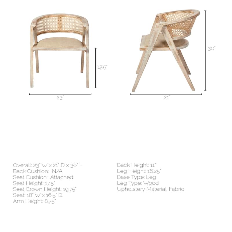 Tabitha Beige Fabric Seat With Light Brown Solid Wood Frame and Cane Back Dining Chair - 23.0L x 21.0W x 30.0H