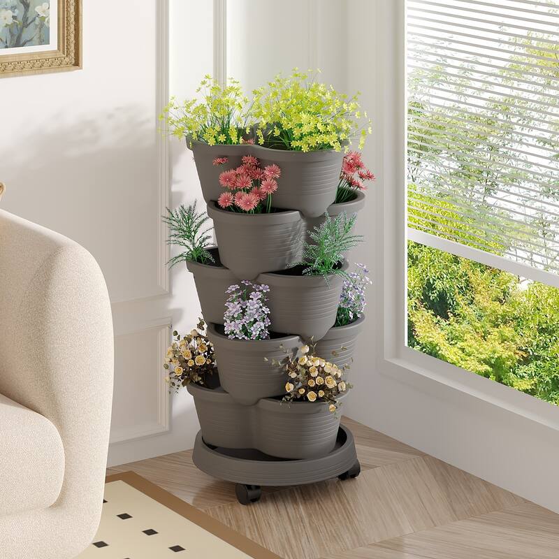 Vertical Strawberry Planter 5 Tier Hanging Vertical Gardening Planter Stackable Garden Tower Pot for Strawberries Flowers - Dark Grey