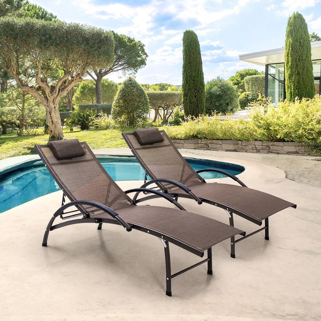 Outdoor Adjustable Chaise Lounge Foldable Chairs with Headrest (Set of 2)