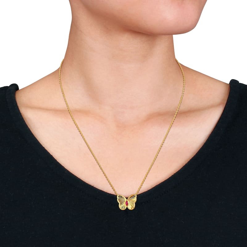 Miadora 1/5ct TGW Marquise-Cut Created Ruby Butterfly Necklace in Yellow Plated Sterling Silver-17in