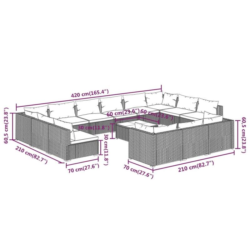 vidaXL Patio Lounge Set with Cushions Brown Poly Rattan - 27.6" x 27.6" x 24" - 27.6" x 27.6" x 24"
