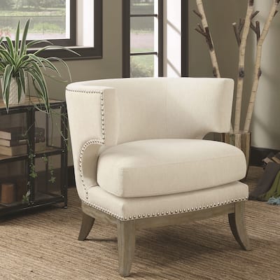 Mid Century Design Cream-White Chenille Living Room Accent Chair with Nailhead Trim