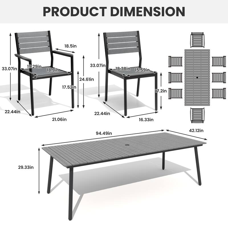 Outdoor Patio Dining Set 7/9 Piece Furniture Set Aluminum Dining Table with Umbrella and Stackable Chairs