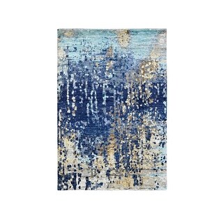 Shahbanu Rugs Denim Blue Modern Mosaic Design Mix of Gold Denser Weave ...