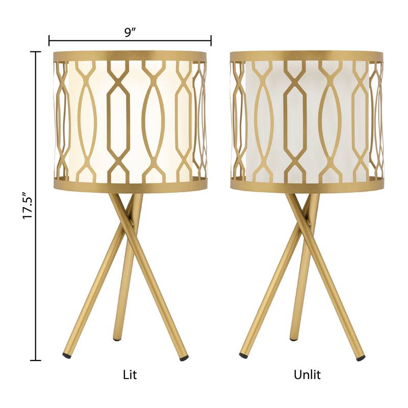 Set of 2 Harper River of Goods Gold Painted Metal Tripod 17.5-Inch Table Lamps with Gold Metal and White Fabric Shades