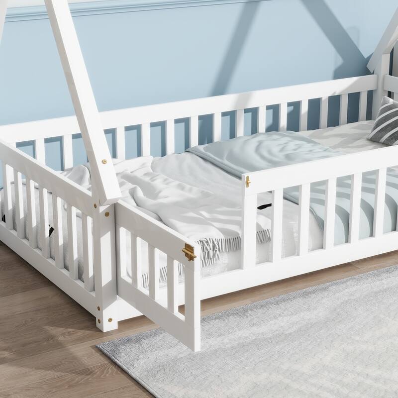 Tent-Shaped Floor Bed, Wooden Kids Teepee Bed with Fence and Door