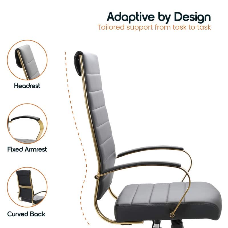 Benmar Ergonomic Ribbed Back Gold Frame Leather Executive Office Chair with Adjustable Height, Tilt, Swivel & Smooth Casters