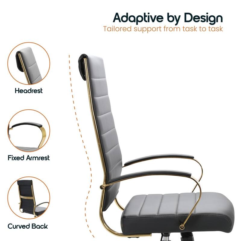 Benmar High-Back Leather Office Desk Chair in Brushed Gold Steel Frame Cushion Padded Armrests Tilt Lock Swivel Ergonomic Chair