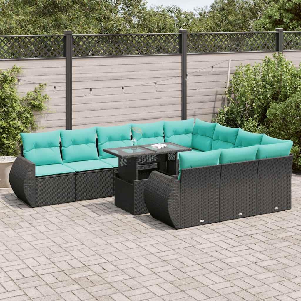 vidaXL 11 Piece Patio Sofa Set with Cushions Black Poly Rattan Acacia - 21.7 x 24.4 x 27.2