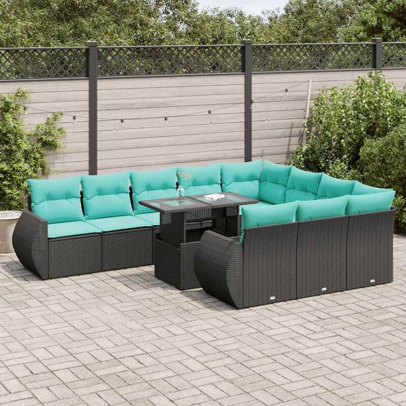 vidaXL 11 Piece Patio Sofa Set with Cushions Black Poly Rattan Acacia - 21.7 x 24.4 x 27.2