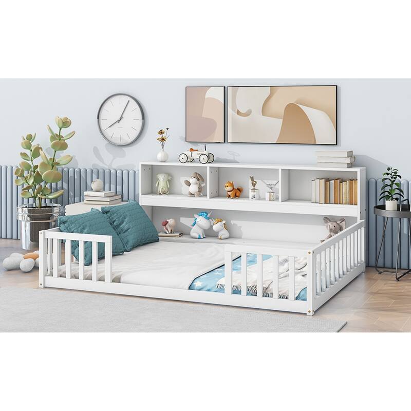 Roomfitters Twin/Full Floor Bed with Side Bookcase & Shelves, Guardrail Platform Bed, Space-Saving Low Profile Bed