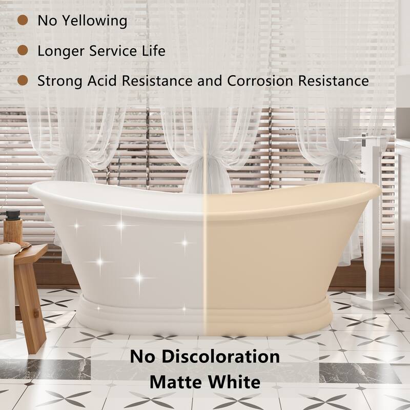 CASAINC 67 Inch Soaking Bathtub Solid Surface Stone Bathtub with Center Drain in Matte White - 67 Inch