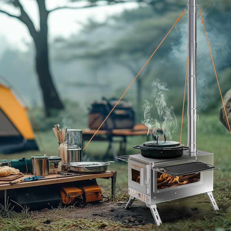 Large Camping Wood Stove, Portable Stainless Steel Hot Tent Stove with 7 chimney pipes