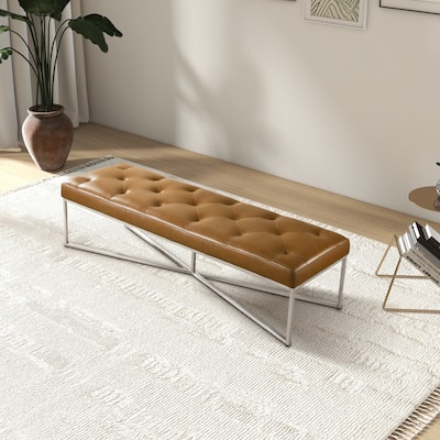 Madera 60" Wide Tufted Tan Leather Bench with Metal Frame