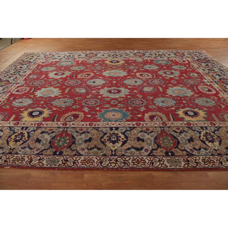 Hand Knotted Oriental 100% Wool Carpet Traditional All-Over Red Tabriz Area Rug - 13' 6'' X 10' 2''