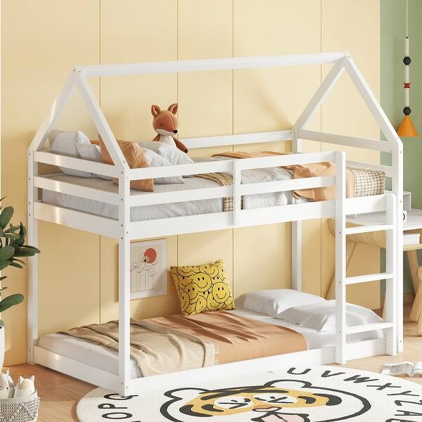 slide 2 of 7, White Twin over Twin House-Shaped Bunk Bed with Ladder, Guardrails, and Low Height Design White - Twin