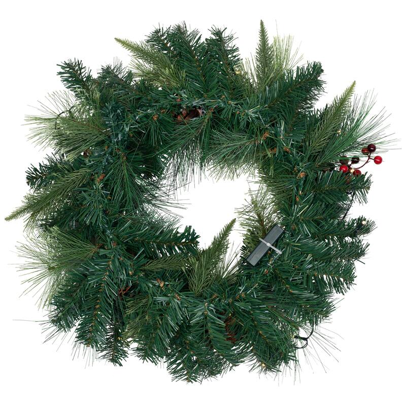 B/O Mixed Pine Berries Christmas Wreath 24" Warm White LED