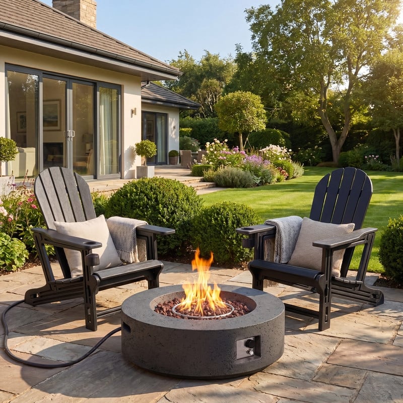 EXTERIENCE 41" Propane Fire Pit Table with HDPE Adirondack Chairs, 2/4/6 Pcs Outdoor Patio Conversation Set