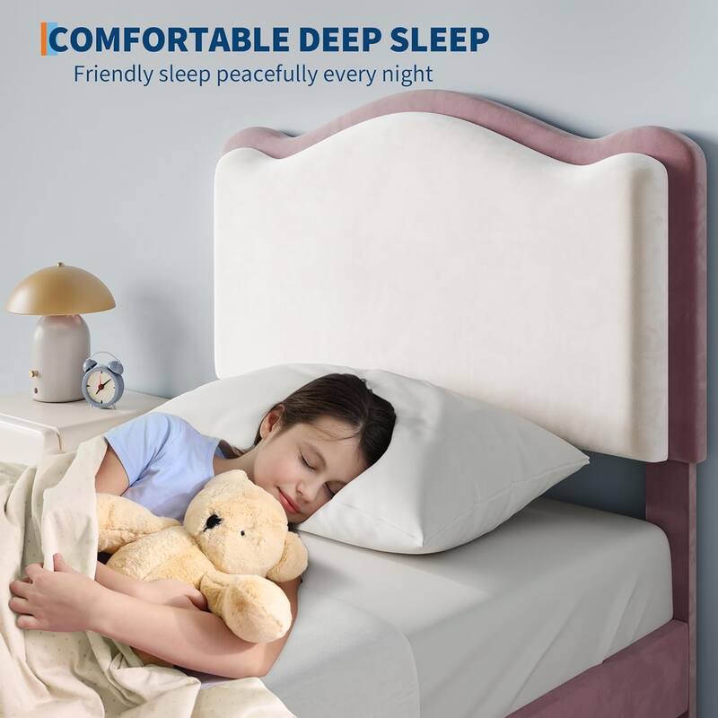 Upholstered Bed Frame for Kids with Storage Drawer and Scallop Headboard, No Box Spring Needed