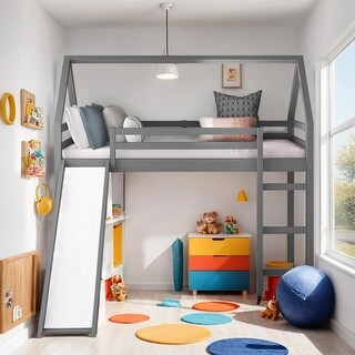 Twin Loft House Bed with Ladder and Slide, Grey